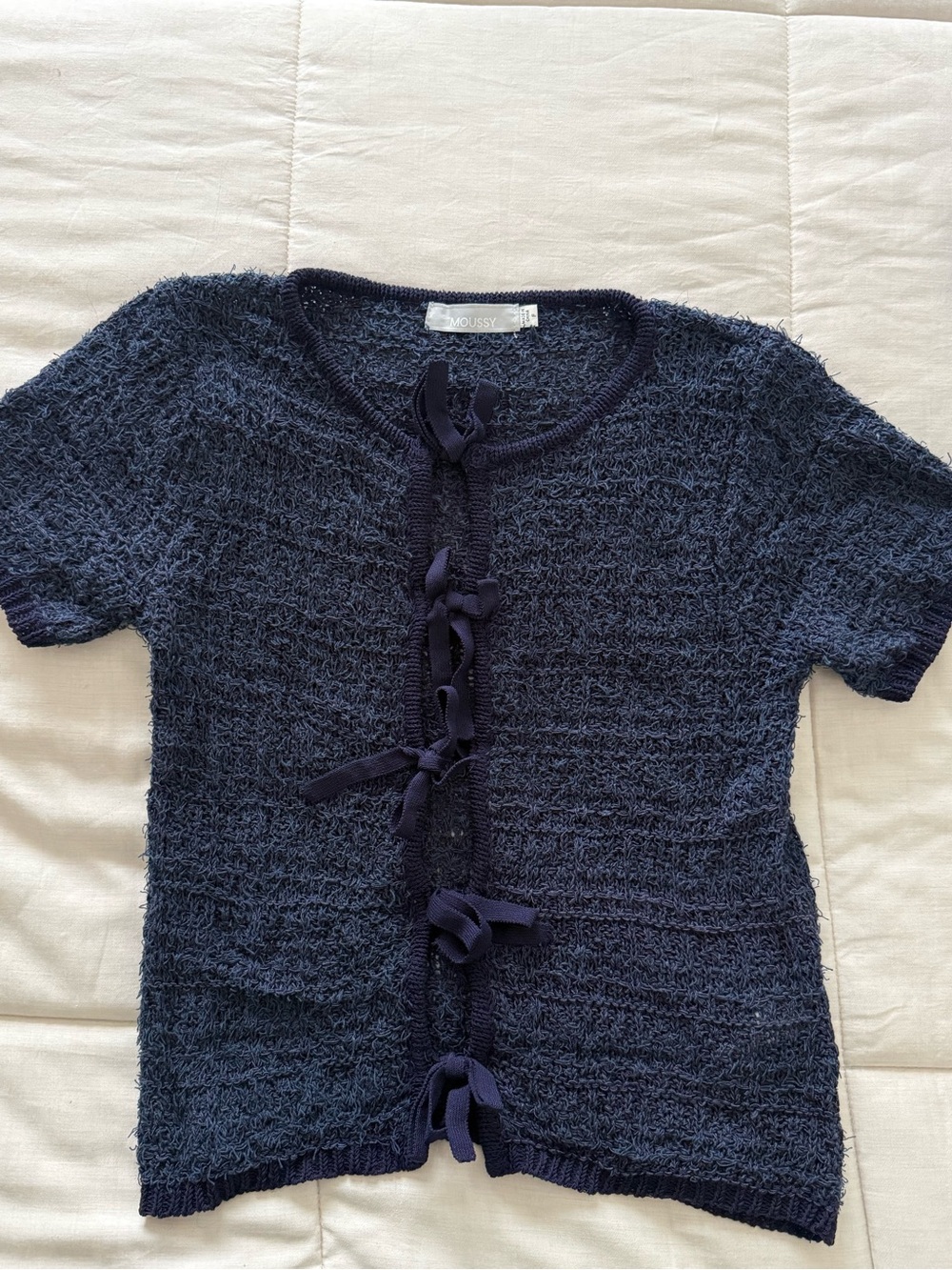 Moussy Navy Bouclé Tie-Front Short Sleeve Top